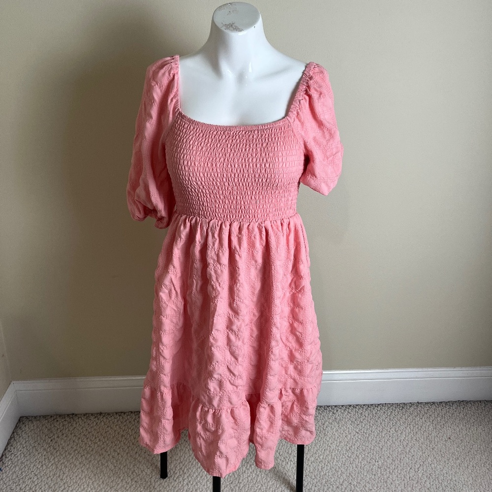BCBGeneration Pink Smocked Puff Sleeve Cottagecore Babydoll Dress